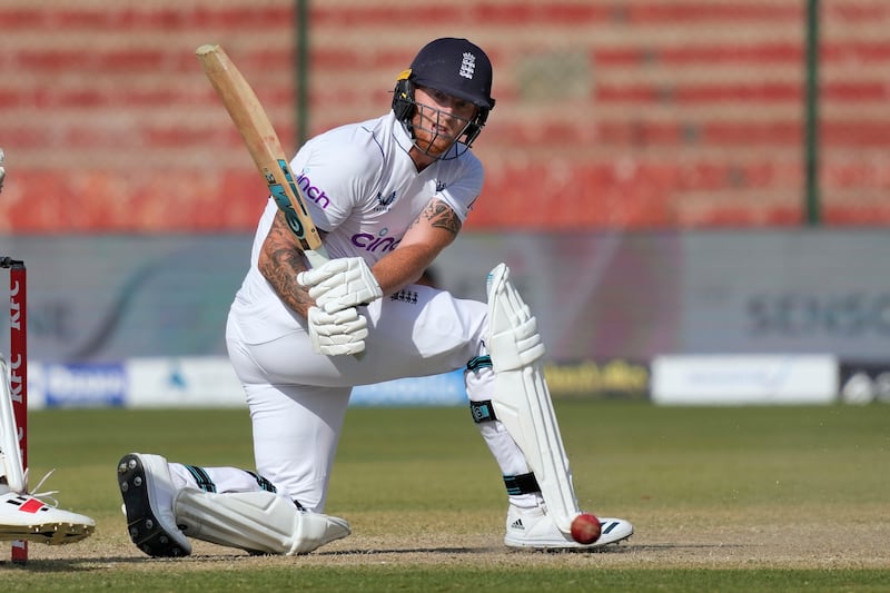 England's Ben Stokes plays a shot on his way to an unbeaten 35 off 43 balls. AP