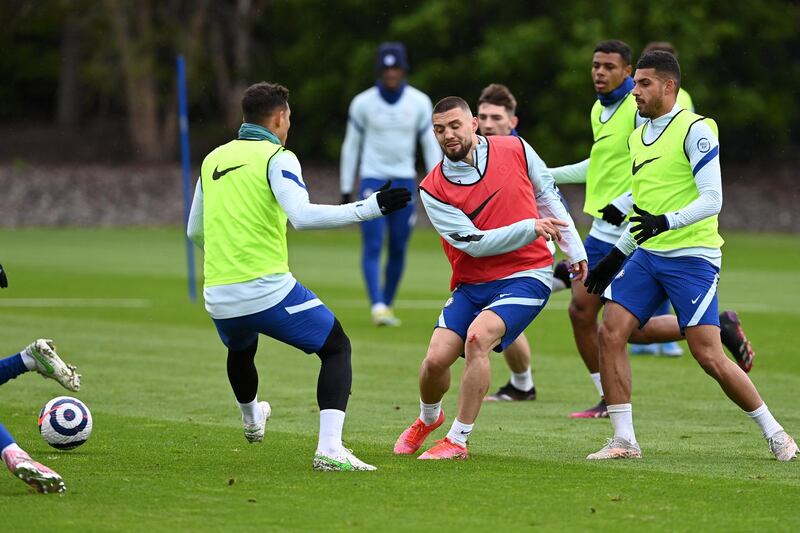 COBHAM, ENGLAND - MAY 21:  Mateo Kovai and Emerson of Chelsea during a training session at Chelsea Training Ground on May 21, 2021 in Cobham, England. (Photo by Darren Walsh/Chelsea FC via Getty Images)