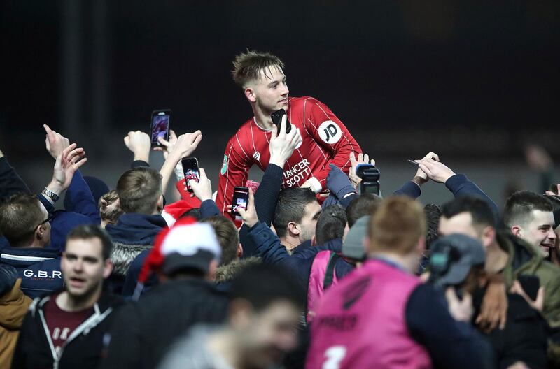 Bristol City's Josh Brownhill celebrates with fans after defeating Manchester United in the League Cup quarter-finals. Nick Potts / PA