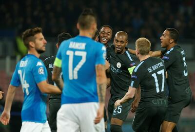 Soccer Football - Champions League - S.S.C. Napoli vs Manchester City - Stadio San Paolo, Naples, Italy - November 1, 2017   Manchester City's Raheem Sterling and team mates celebrate               REUTERS/Ciro De Luca