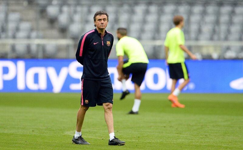 Luis Enrique leads a team training session on Monday ahead of Barcelona's Champions League semi-final return leg against Bayern Munich on Tuesday. Andreas Gebert / EPA / May 11, 2015 