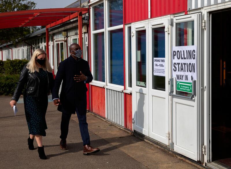 Conservative London mayor candidate Shaun Bailey and wife Ellie Bailey arrive at Drapers’ Pyrgo Priory School polling station to cast their votes. Getty Images