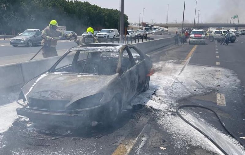 Batteries in electric vehicles are highly volatile, and if damaged can ignite. Photo: Dubai Civil Defence