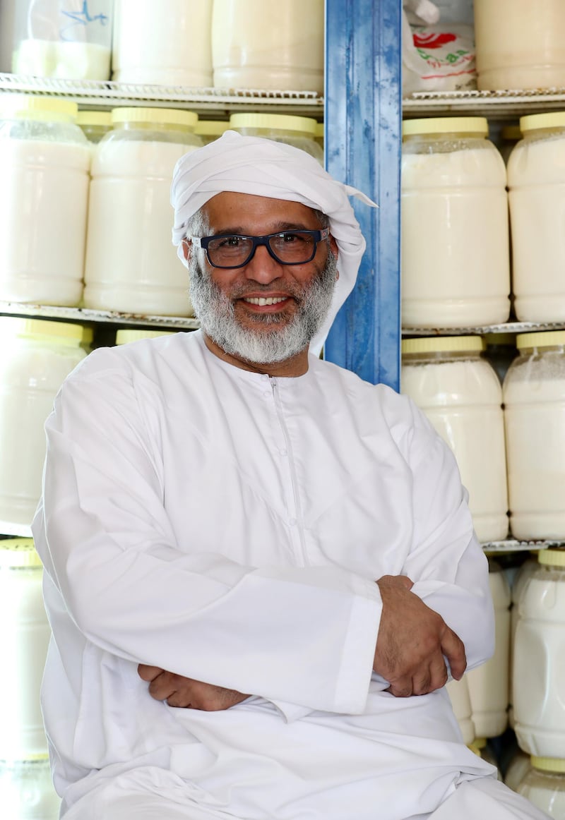 Dubai, United Arab Emirates - June 30, 2019: Jamal Bakhit Al Falasi who is an Emirati man who makes creams and soaps from camel fat and camel milk. Sunday the 30th of June 2019. Al Mizhar, Dubai. Chris Whiteoak / The National