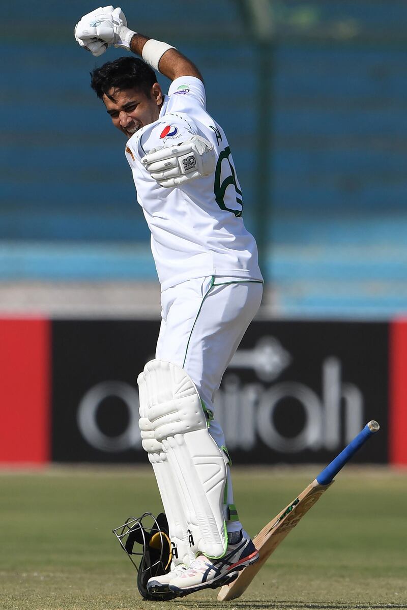 Abid Ali after reaching three figures during the third day of the second Test against Sri Lanka at the National Stadium. AFP