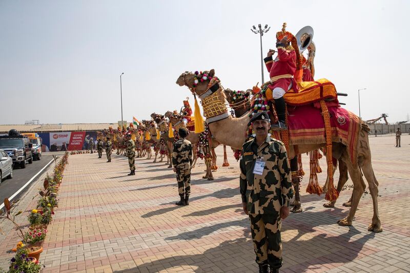 Camels greet US President Donald Trump and Indian Prime Minister Narendra Modi as they arrive for a "Namaste Trump," event at Sardar Patel Stadium. AP Photo