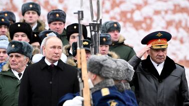 Russia's President Vladimir Putin inspects a guard of honour at a wreath-laying ceremony marking Defender of the Fatherland Day in Moscow on Friday. Reuters