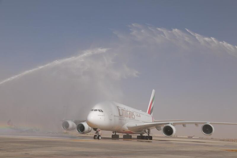 Water cannons greeted the celebratory Emirates A380 flight at Amman’s Queen Alia International Airport. Courtesy Emirates