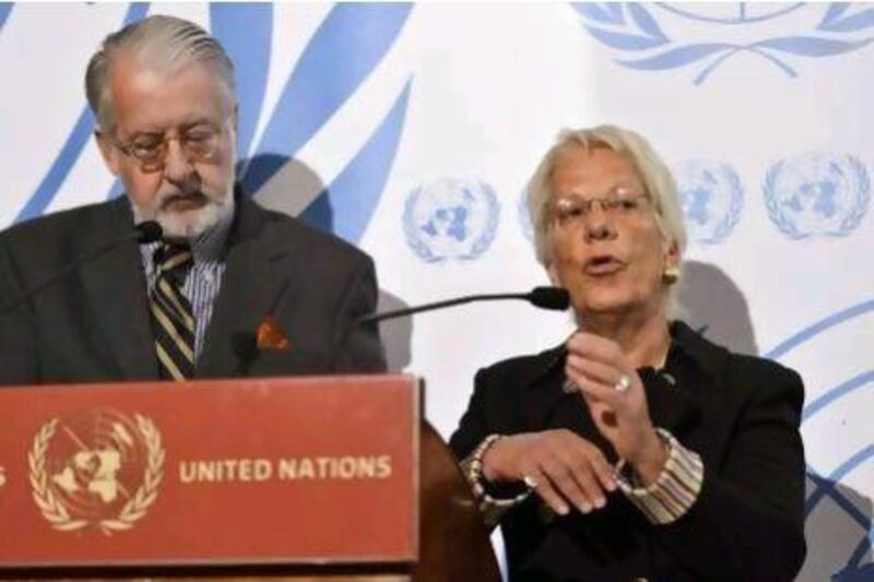 Sergio Pinheiro, chair of the Commission of Inquiry on Syria and Carla del Ponte, right, at the European headquarters of the United Nations in Geneva, Switzerland. Ms Del Ponte gained a reputation as a dogged investigator and a political bruiser while investigating war crimes in Yugoslavia.