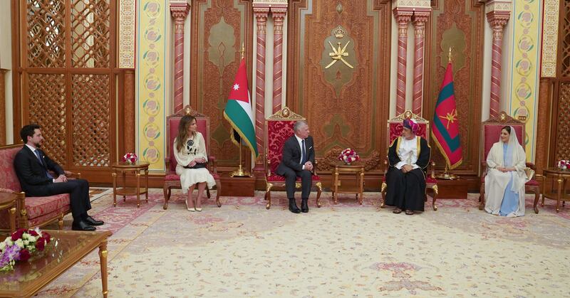 The two leaders speak alongside members of their families in Muscat. Photo: The Royal Hashemite Court