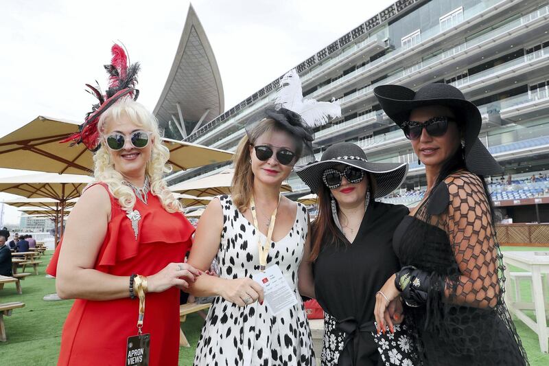 DUBAI , UNITED ARAB EMIRATES , MARCH 30  – 2018 :-  Left to Right – Elena , Ripsime, ( no name 3rd from left ) and Vard before the start of Dubai World Cup held at Meydan Racecourse in Dubai. ( Pawan Singh / The National ) For News/Sports/Instagram/Big Picture. Story by Amith/Rupert