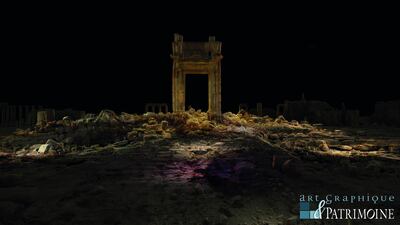 3D digital image of the surviving gateway at the Temple of Bal in Palmyra taken by Art Graphique & Patrimoine and revealing structural damage that could lead to its collapse without further intervention.