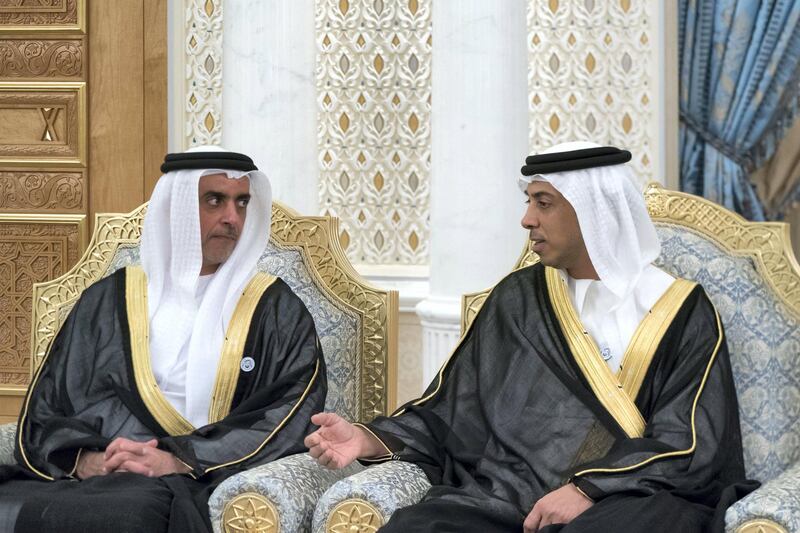 ABU DHABI, UNITED ARAB EMIRATES - October 29, 2018: HH Lt General Sheikh Saif bin Zayed Al Nahyan, UAE Deputy Prime Minister and Minister of Interior (L) and HH Sheikh Mansour bin Zayed Al Nahyan, UAE Deputy Prime Minister and Minister of Presidential Affairs (R), attend a meeting with HE Wang Qishan, Vice President of China (not shown), at the Presidential Palace.

( Mohamed Al Hammadi / Crown Prince Court - Abu Dhabi )
---