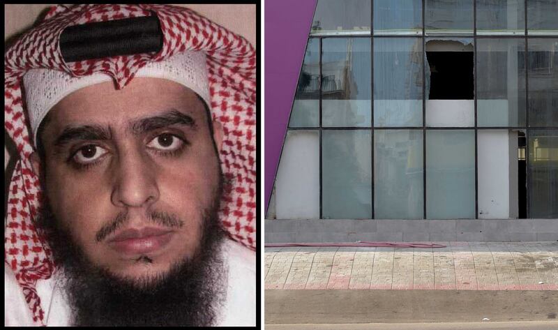 Abdullah Al Shehri, and the shattered glass in front of the building where officials say he blew himself up. SPA, AFP