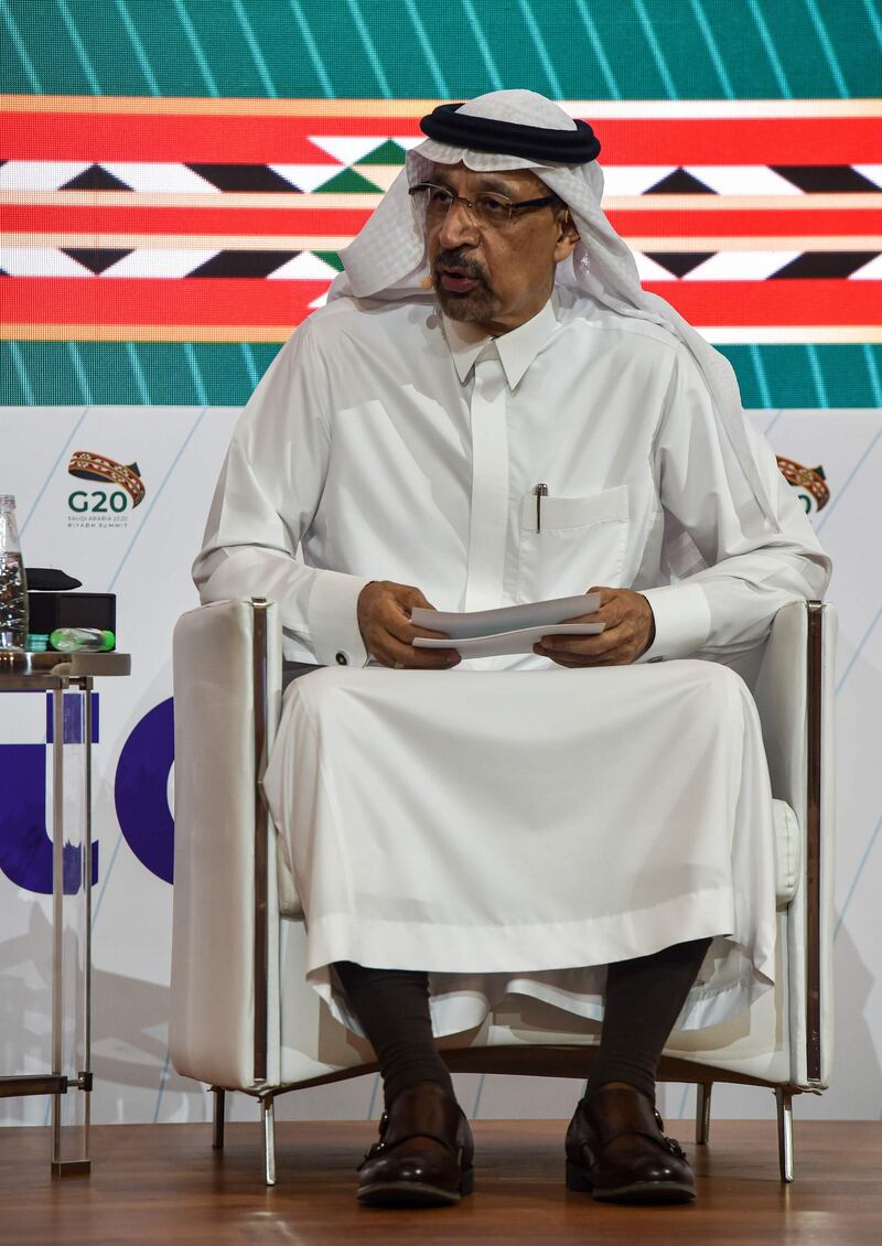 Saudi Minister of Investment Khalid Al-Falih talks to reporters during a media briefing during the virtual G20 summit at the International Media Centre in the capital Riyadh on November 21, 2020. / AFP / FAYEZ NURELDINE
