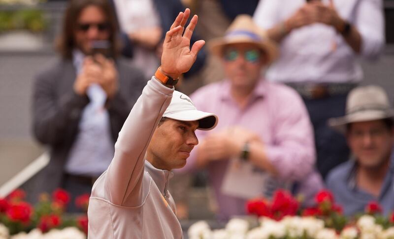 MADRID, SPAIN - MAY 09: Rafael Nadal of Spain celebrates his straight sets victory over Gael Monfils of France during their second round match on day five of the Mutua Madrid Open at La Caja Magica on May 9, 2018 in Madrid, Spain. (Photo by Denis Doyle/Getty Images)