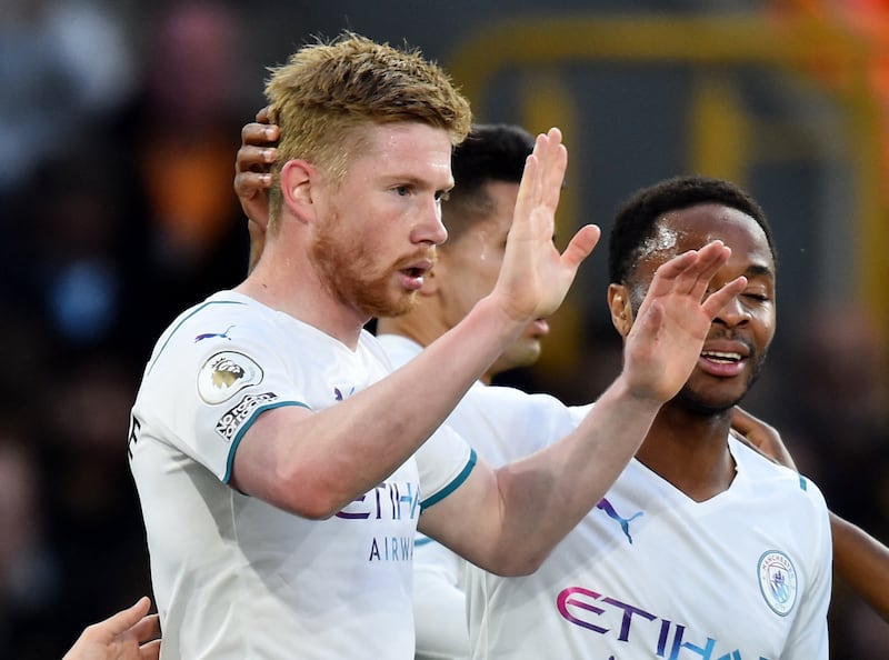 Kevin De Bruyne celebrates scoring their second goal with Raheem Sterling. Reuters