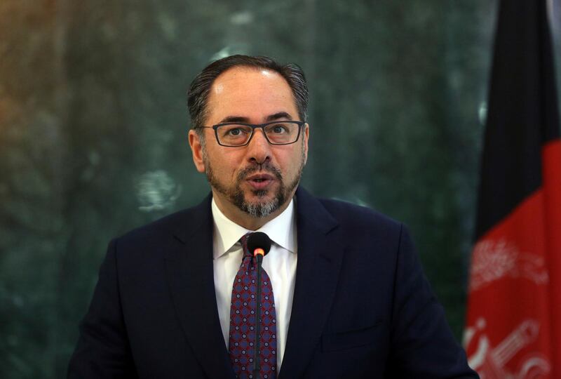 FILE - In this March 11, 2019 file photo, Afghanistan's Foreign Minister Salahuddin Rabbani, speaks during a news conference with German Foreign Minister Heiko Maas, in Kabul, Afghanistan. Afghanistanâ€™s acting foreign minister, Rabbani, has resigned his post. In a resignation letter to President Ashraf Ghani on Wednesday, Oct. 23, Rabbani said the Foreign Ministry has been sidelined and is being treated as a non-governmental organization. â€œIt is unbearable,â€ he said.(AP Photo/Rahmat Gul, File)