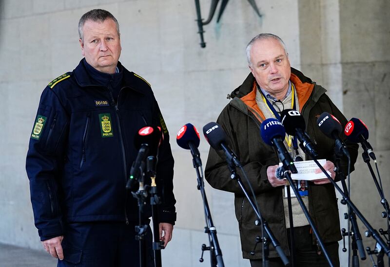 Chief police inspector and operational head of the Police Intelligence Service Flemming Drejer, right, and senior police inspector and head of emergency services for Copenhagen Police Peter Dahl at the police station in Copenhagen. EPA