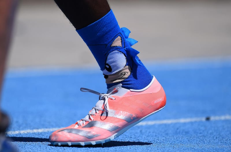 The shoes of Noah Lyles during the 200m race of the Inspiration Games. AFP