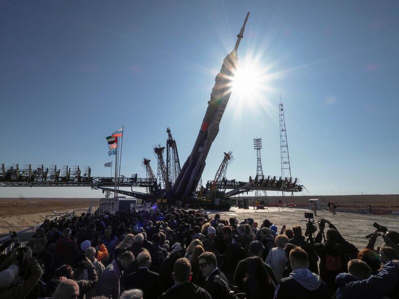 The Soyuz is slowly erected into a vertical position at the Gagarin's Start launch pad several hours later. Dmitri Lovetsky / AP