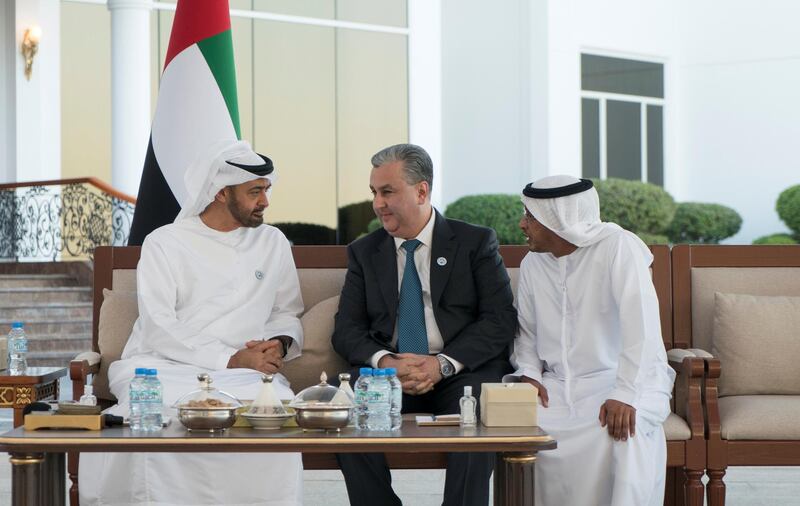 ABU DHABI, UNITED ARAB EMIRATES - November 05, 2018: HH Sheikh Mohamed bin Zayed Al Nahyan, Crown Prince of Abu Dhabi and Deputy Supreme Commander of the UAE Armed Forces (R) receives HE Sukhrob Kholmuradov, Deputy Prime Minister and Chairman of the State Committee for Investments of Uzbekistan (L), during a Sea Palace barza.

( Rashed Al Mansoori / Ministry of Presidential Affairs )
---