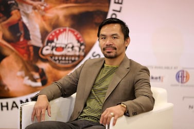 Manny Pacquiao speaks to media in Dubai to promote his Maharlika Pilipinas Basketball League, which takes place at the Hamdan Sports Complex on September 27-28. Pawan Singh / The National 
