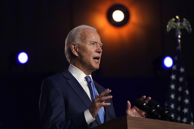 Democratic presidential nominee Joe Biden addresses the nation at the Chase Center in Wilmington, Delaware. AFP