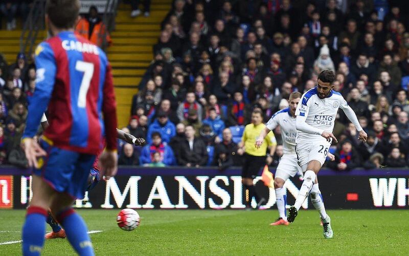 Riyad Mahrez scores the first goal for Leicester City. Reuters / Dylan Martinez