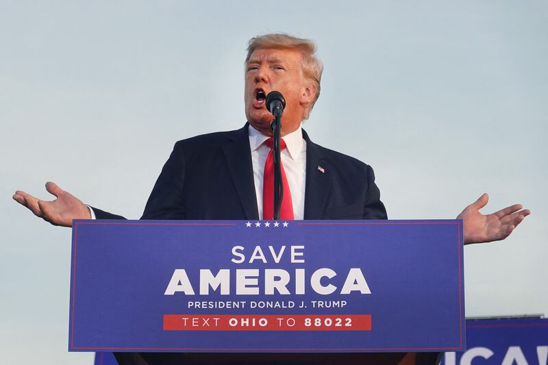 Donald Trump speaks during a rally at the Lorain County Fairgrounds on June 26, 2021 in Wellington, Ohio. AFP