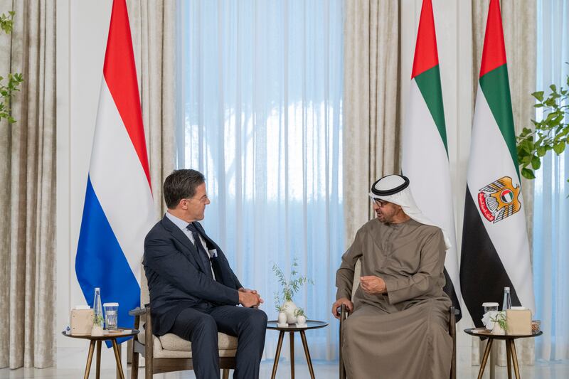 President Sheikh Mohamed welcomes Mark Rutte, Prime Minister of the Netherlands, at Al Shati Palace in Abu Dhabi. Photo: UAE Presidential Court
