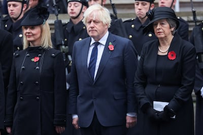 Former Prime Ministers Liz Truss, Boris Johnson and Theresa May attend Remembrance Day service in London in November 2023. Getty Images