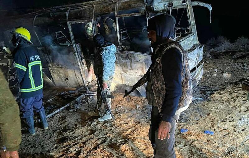 A handout picture released by the official Syrian Arab News Agency (SANA) on December 30, 2020, shows the scene of an attack targeting a bus transporting regime soldiers as they travelled home for holidays in the eastern province of Deir Ezzor.
 Islamic State group jihadists killed 37 soldiers when they ambushed the bus today in one of the deadliest attacks since the fall of their "caliphate" last year, the Syrian Observatory for Human Rights said. The official news agency SANA reported that a "terrorist attack" on a bus killed "25 citizens" and wounded 13. -  == RESTRICTED TO EDITORIAL USE - MANDATORY CREDIT "AFP PHOTO / HO / SANA" - NO MARKETING NO ADVERTISING CAMPAIGNS - DISTRIBUTED AS A SERVICE TO CLIENTS ==
 / AFP / SANA / - /  == RESTRICTED TO EDITORIAL USE - MANDATORY CREDIT "AFP PHOTO / HO / SANA" - NO MARKETING NO ADVERTISING CAMPAIGNS - DISTRIBUTED AS A SERVICE TO CLIENTS ==
