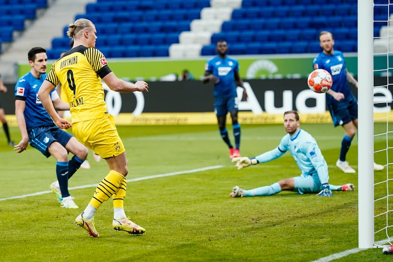 Dortmund's Erling Haaland scores during the Bundesliga match against Hoffenheim in January, 2022. AP