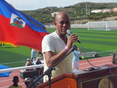 May 17, 2014 , Haiti - President of Haiti, Michel Martelly speaking at the official inauguration  of the Dubai Duty Free Sports Complex in LycŽe Jean Baptiste Pointe du Sable in Haiti  
 and thanking everyone involved in the Hand in Hand for Haiti project
Courtesy Dubai Duty Free 