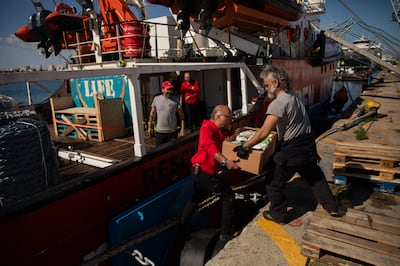 A box of food aid being loaded on to the Open Arms ship in Larnaca, Cyprus. EPA