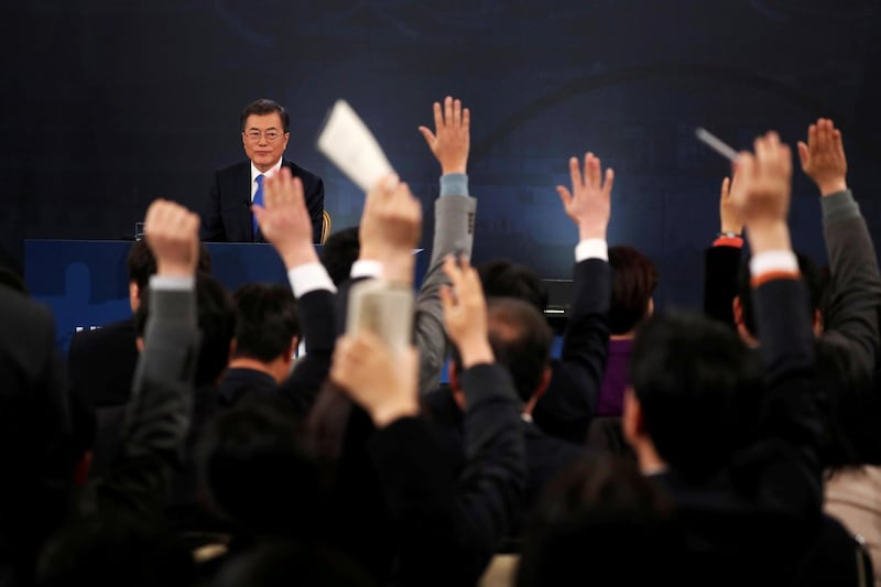 South Korean President Moon Jae-in attends his New Year news conference at the Presidential Blue House in Seoul, South Korea, January 10, 2018. REUTERS/Kim Hong-Ji TPX IMAGES OF THE DAY