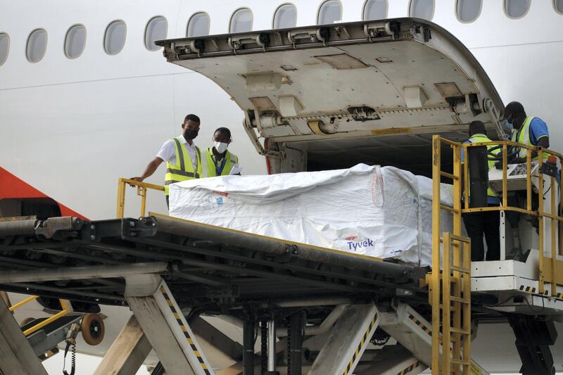 On 24 February 2021, staff unloads the first shipment of COVID-19 vaccines distributed by the COVAX Facility at the Kotoka International Airport in Accra, Ghana's capital. 

The shipment with 600 doses of the vaccine also represents the beginning of what should be the largest vaccine procurement and supply operation in history. The COVAX Facility plans to deliver close to 2 billion doses of COVID-19 vaccines this year. This is an unprecedented global effort to make sure all citizens have access to vaccines.
Anne-Claire Dufay UNICEF UNICEF Representative in Ghana and WHO country representative Francis Kasolo said in a joint statement:
After a year of disruptions due to the COVID-19 pandemic, with more than 80,700 Ghanaians getting infected with the virus and over 580 lost lives, the path to recovery for the people of Ghana can finally begin.

"This is a momentous occasion, as the arrival of the COVID-19 vaccines into Ghana is critical in bringing the pandemic to an end," 

These 600,000 COVAX vaccines are part of an initial tranche of deliveries of the AstraZeneca / Oxford vaccine licensed to the Serum Institute of India, which represent part of the first wave of COVID vaccines headed to several low and middle-income countries.
“The shipments also represent the beginning of what should be the largest vaccine procurement and supply operation in history. The COVAX Facility plans to deliver close to 2 billion doses of COVID-19 vaccines this year. This is an unprecedented global effort to make sure all citizens have access to vaccines.
“We are pleased that Ghana has become the first country to receive the COVID-19 vaccines from the COVAX Facility. We congratulate the Government of Ghana – especially the Ministry of Health, Ghana Health Service, and Ministry of Information - for its relentless efforts to protect the population. As part of the UN Country Team in Ghana, UNICEF and WHO reiterate our commitment to support the vaccination campaign and contain the spread 