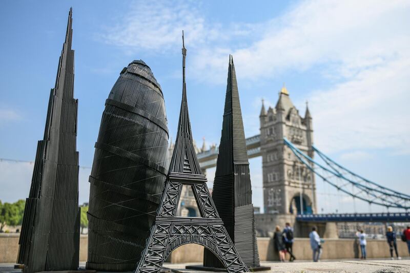 The Burj Khalifa, the Gherkin and the Shard in London are sculptures made out of 10,000 Hilton straws, recycled from its UK hotels to promote the group's ban on plastic.Courtesy Hilton