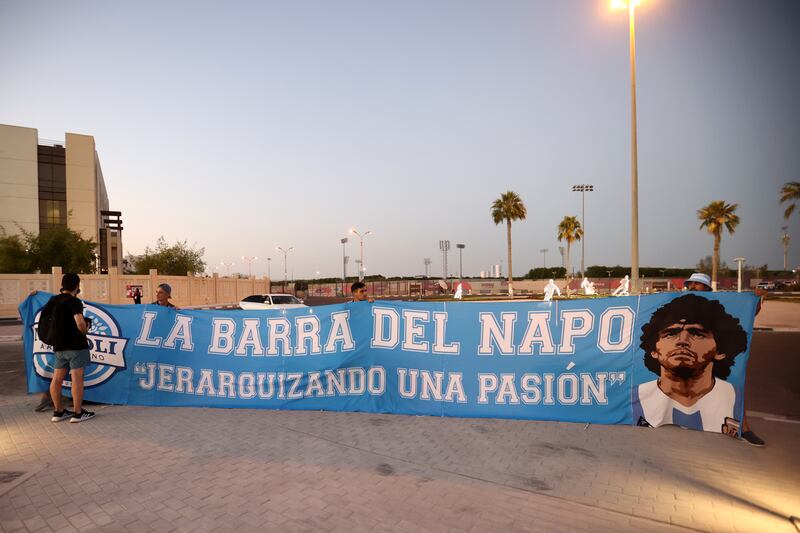 Argentina fans display a banner of Diego Maradona prior to the Australia MD-1 Training Session at Aspire Training Ground on November 25, 2022 in Doha, Qatar. Getty Images