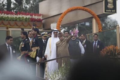 Sheikh Mohammed bin Zayed, Crown Prince of Abu Dhabi and Deputy Supreme Commander of the Armed Forces, and Pranab Mukherjee, the former president of India, attend the India Republic Day Parade in New Delhi in 2017. Mohammed Al Hammadi / Crown Prince Court - Abu Dhabi