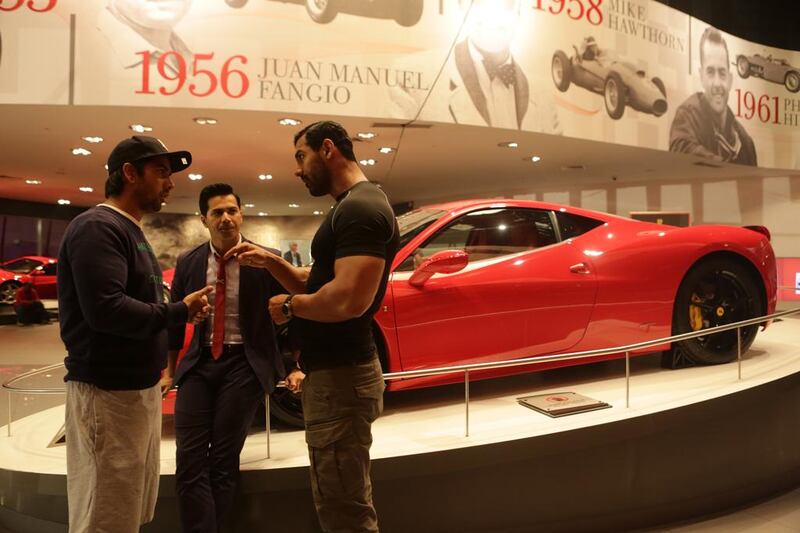 Varun Dhawan and John Abraham on the set of Dishoom at Ferrari World Abu Dhabi. Courtesy twofour54