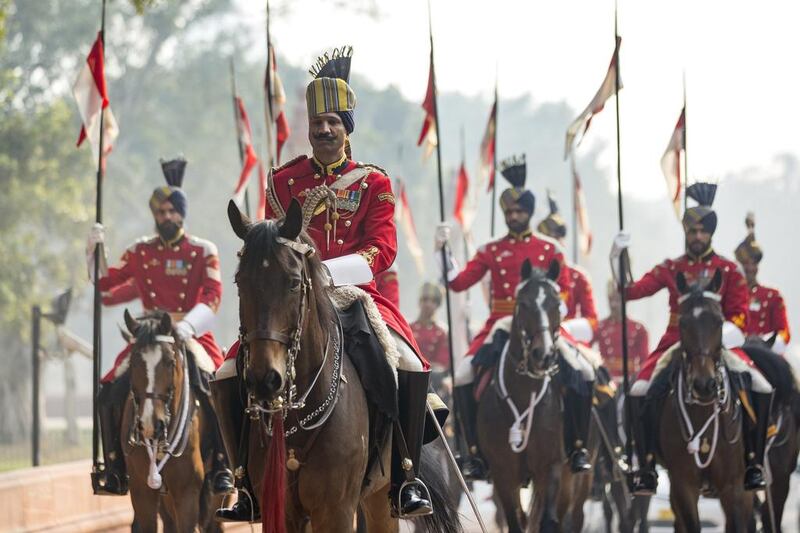 The Guard of Honour ride on horses toward the parade square during the official reception at Rashtrapati Bhavan attended by Sheikh Mohammed bin Zayed, Crown Prince of Abu Dhabi and Deputy Supreme Commander of the Armed Forces (not shown) and Narendra Modi prime minister of India (not shown). Philip Cheung / Crown Prince Court — Abu Dhabi