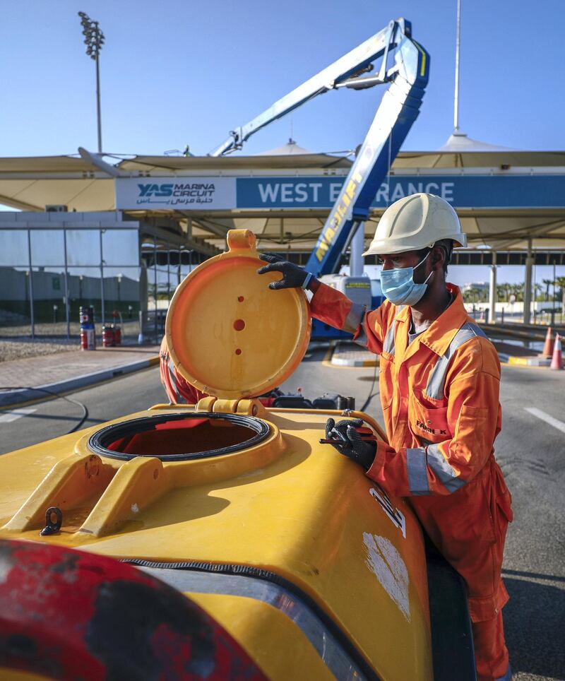 Abu Dhabi, United Arab Emirates, November 13, 2020.  Cleaning operations in preparation for the F1 Abu Dhabi 2020 race season at the Yas Marina Circuit. 
Victor Besa/The National
Section:  NA
For:  Standalone/Stock