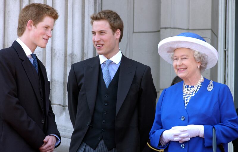 Queen Elizabeth, Prince William and Prince Harry attend the Trooping the Colour parade in 2003. Getty