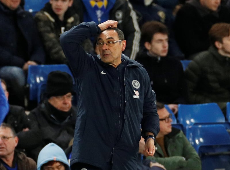 Soccer Football - FA Cup Fifth Round - Chelsea v Manchester United - Stamford Bridge, London, Britain - February 18, 2019  Chelsea manager Maurizio Sarri reacts  Action Images via Reuters/John Sibley