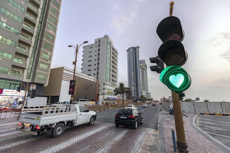 Ajman, United Arab Emirates - Reporter: N/A: Standalone. Love heart traffic lights in on Ajman beach. Tuesday, March 24th, 2020. Ajman. Chris Whiteoak / The National