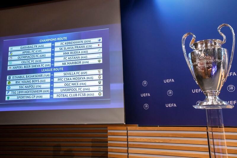 The group formations are shown on an electronic panel next to the Champions League trophy, after the drawing of the games for the Champions League 2017/18 Play-off soccer matches at the UEFA headquarters in Nyon, Switzerland, Friday, August 4, 2017. (Salvatore Di Nolfi/Keystone via AP)