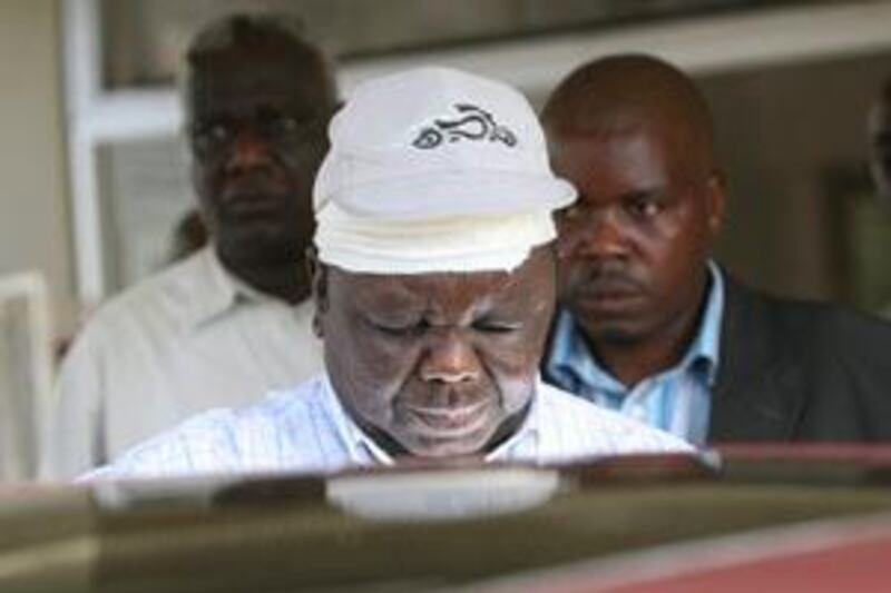Zimbabwe's Prime Minister, Morgan Tsvangirai, leaves hospital in Harare, Saturday, March, 7, 2009. Tsvangirai was involved in a vehicle accident Friday in which his wife Susan died. (AP Photo/Tsvangirayi Mukwazhi) *** Local Caption ***  XTM109_ZIMBABWE_MORGAN_TSVANGIRAI.jpg