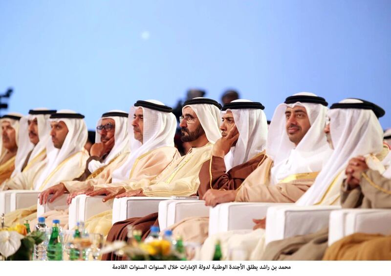 Sheikh Mohammed bin Rashid, Vice President and Ruler of Dubai, yesterday discussed the UAE’s new national agenda for the 2021 Vision. The agenda included targets to be achieved in the upcoming seven years in various sectors. Also seen are the Council of Ministers. Wam